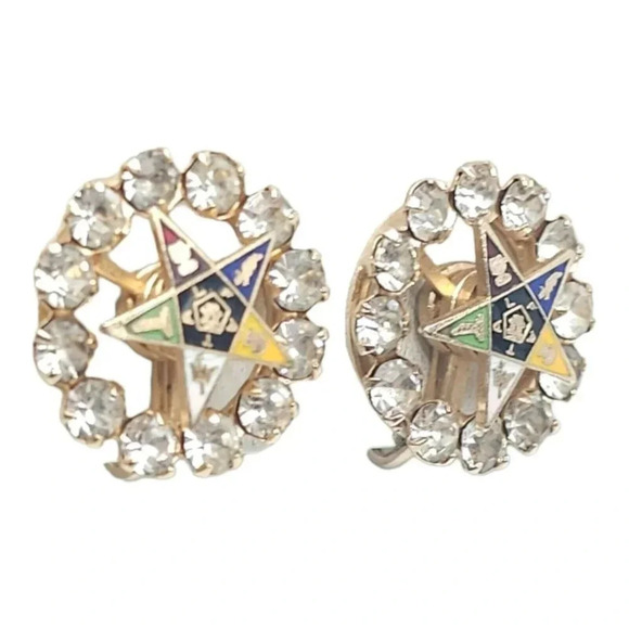 Rhinestone Enamel Order Of The Eastern Star Masonic Fraternal Earrings Vintage B - Picture 2 of 5